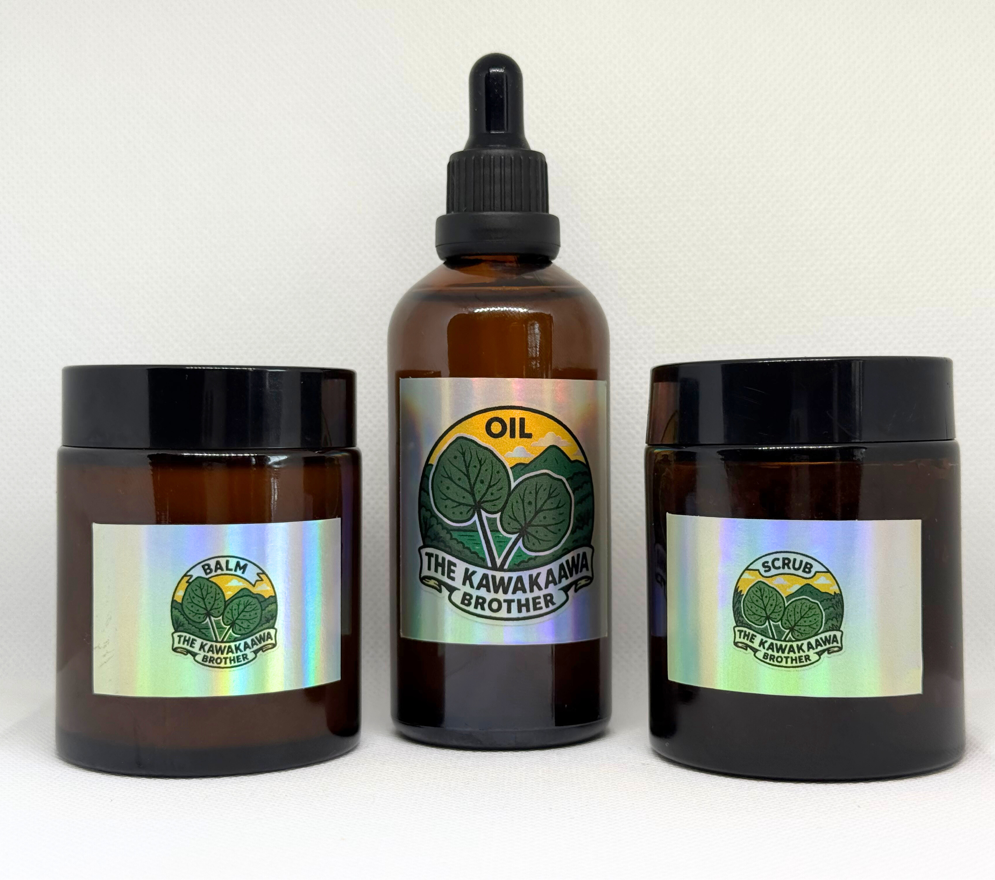 Three containers with labels featuring a logo and text on a white background